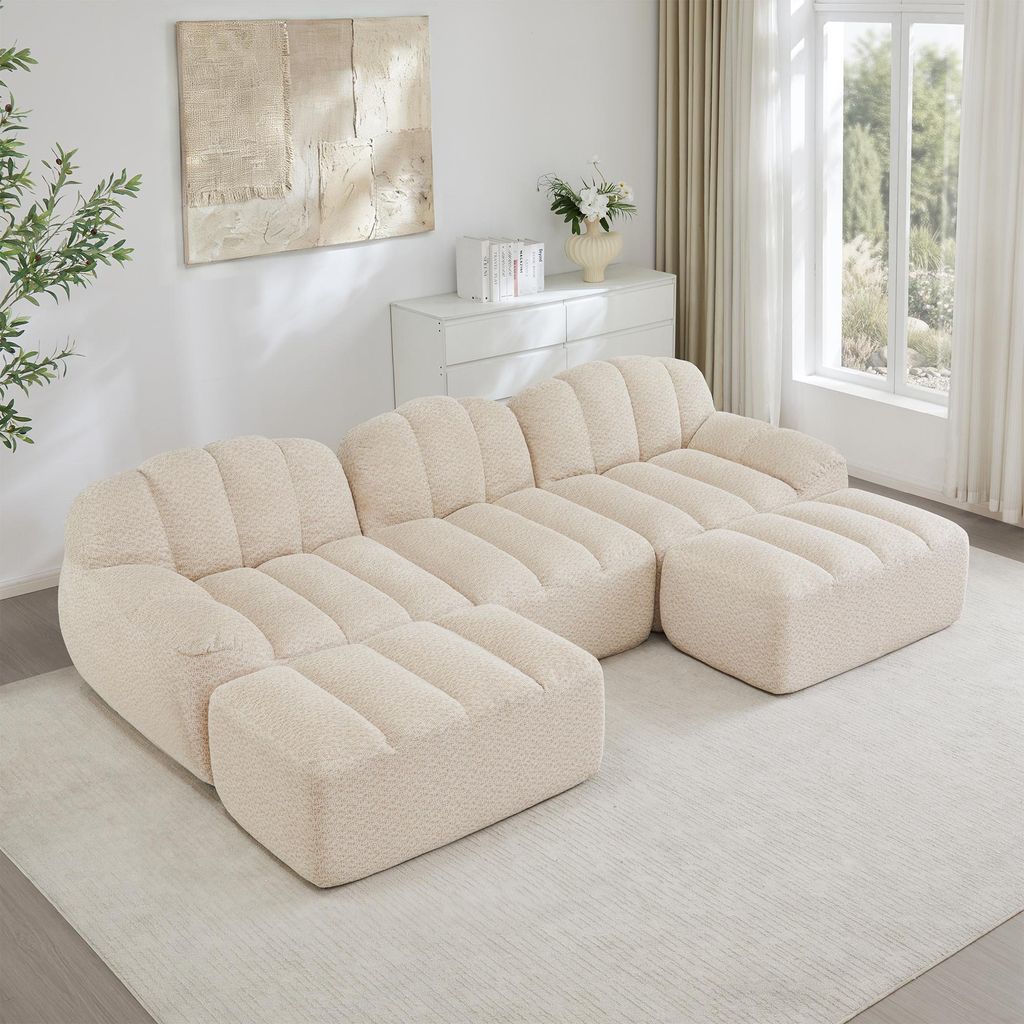 Modulares U-förmiges 3-Sitzer Sofa mit 2 Ottomans, Boneless Design, 32D Hochdichtschaum, tiefe Sitzfläche, weicher Stoff, Wohnzimmer Möbel