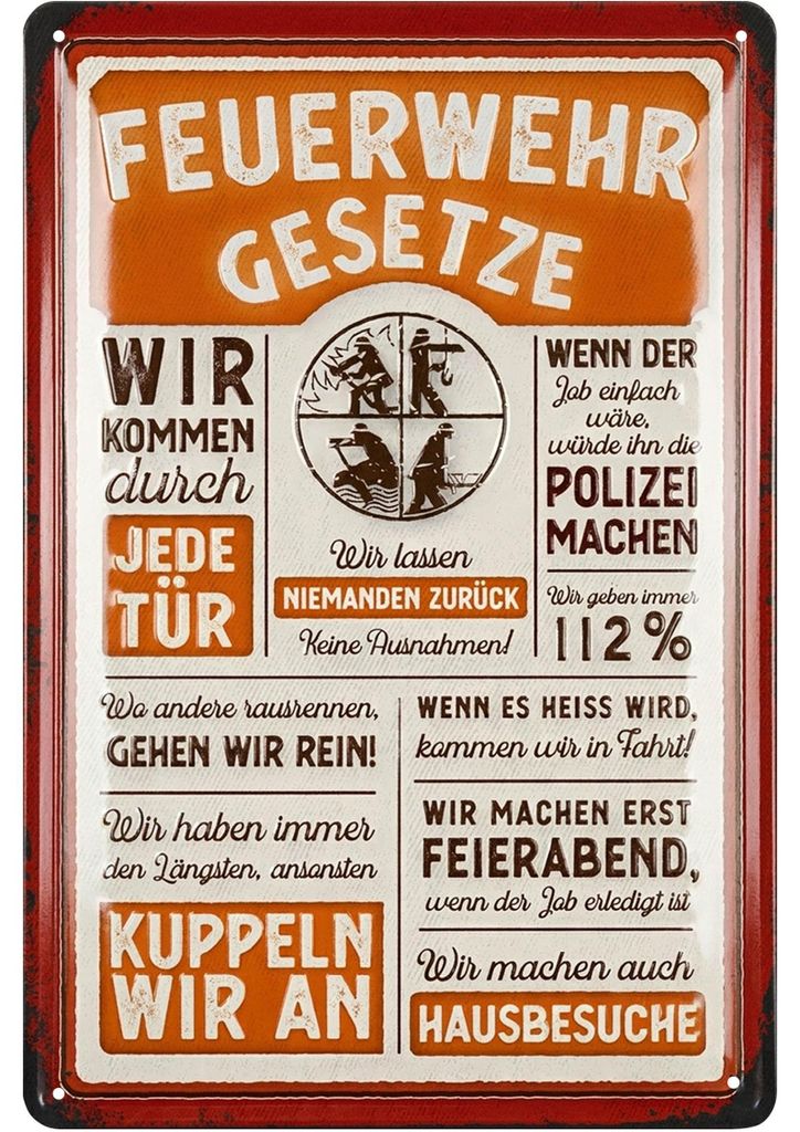 LANOLU Retro Blechschild Feuerwehrgesetze - Feuerwehrmann Produktbild 