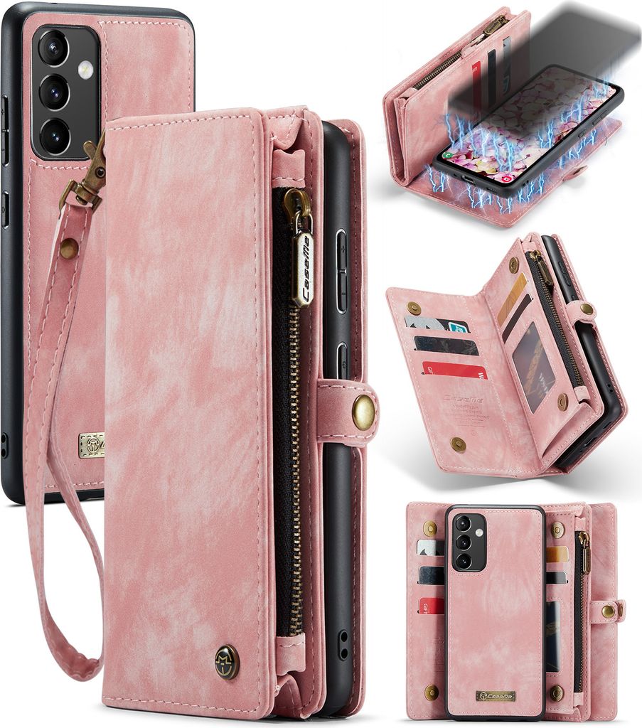 Schutzhülle für Samsung Galaxy A54, Vintage Multifunktions Lederhülle, Kartenfächer, Reißverschluss Hülle Pink
