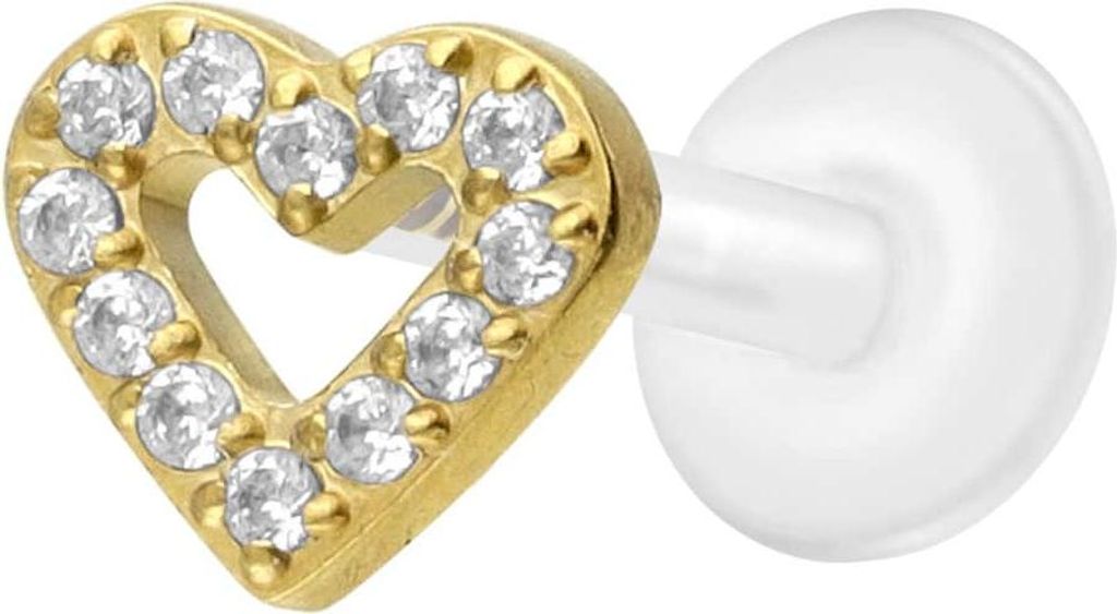 Ohrpiercing, Nasenpiercing PTFE Labret mit Innengewinde + Titan-Aufsatz KRISTALLHERZ Gold Stablänge: 8mm | Stabstärke: 1,2mm