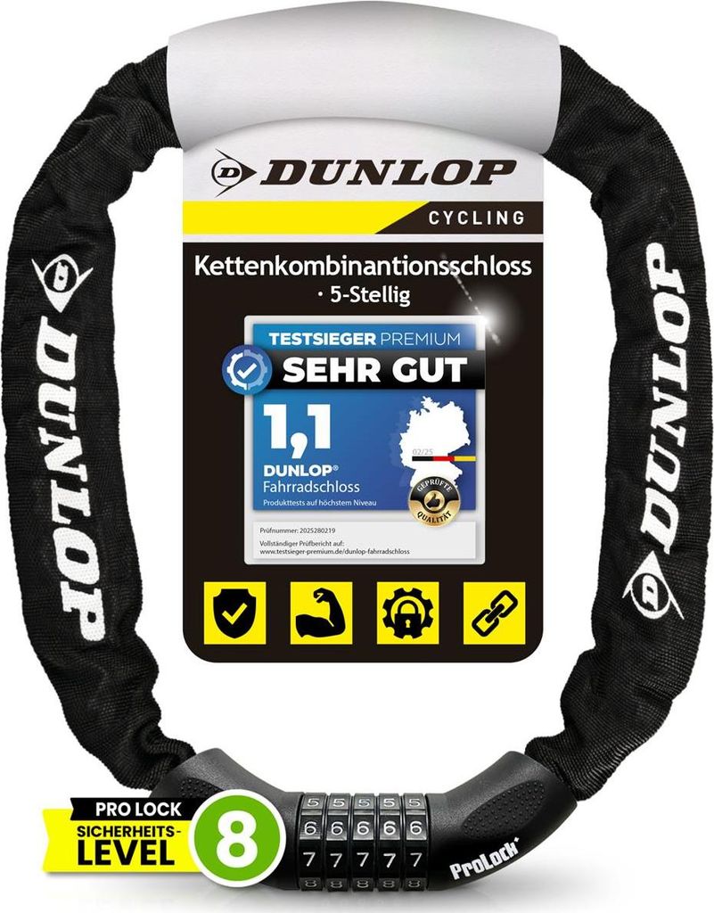 DUNLOP Fahrradschloss Zahlenschloss Fahrrad Schloss - Hohe Sicherheit Level 8 - 100 cm Fahrräder Schloß mit 5er Zahlencode - Kette für Fahrrad E...