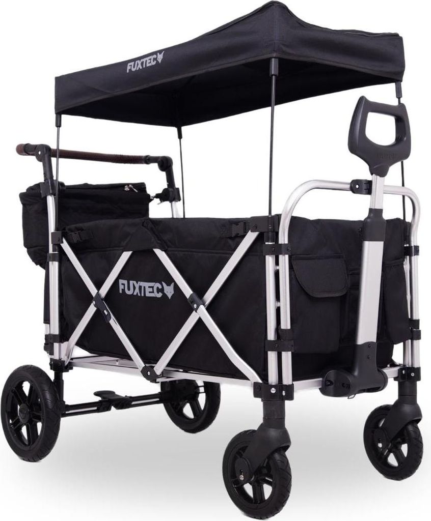FUXLIFE by FUXTEC Bollerwagen FX-CTL950 Schwarz - Premium faltbar Kinder Transportwagen mit Sonnendach 5-Punkt-Gurte mit Kühltasche Schwarz
