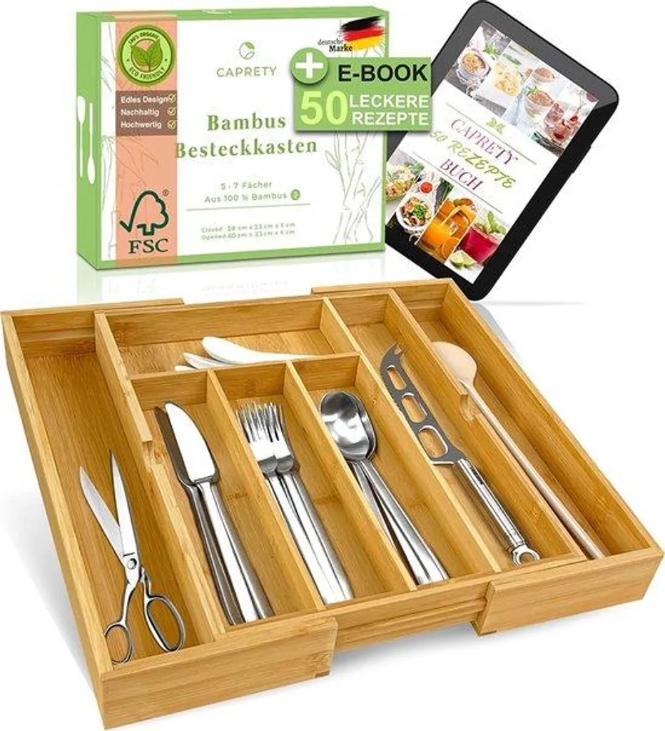 Tiroir en bois à 7 compartiments ajustables avec guide de 50 recettes