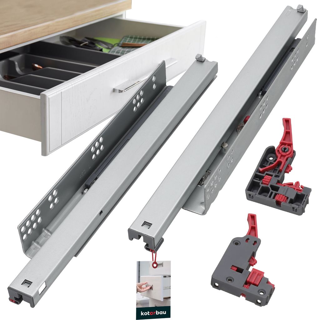 A white drawer with cutlery inside is shown next to disassembled drawer slides and mounting brackets.