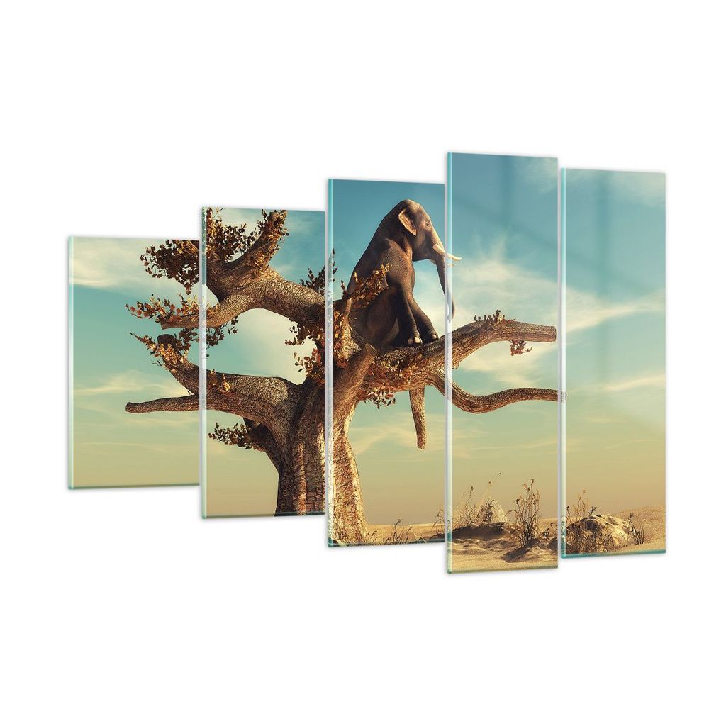Bilder auf glas - 5 Teile - Sitzen Elefant Baum - 150x100cm - Glasbilder - Wandbilder - Bilder - zum Aufhängen bereit - Wanddekoration aus Glas - ...