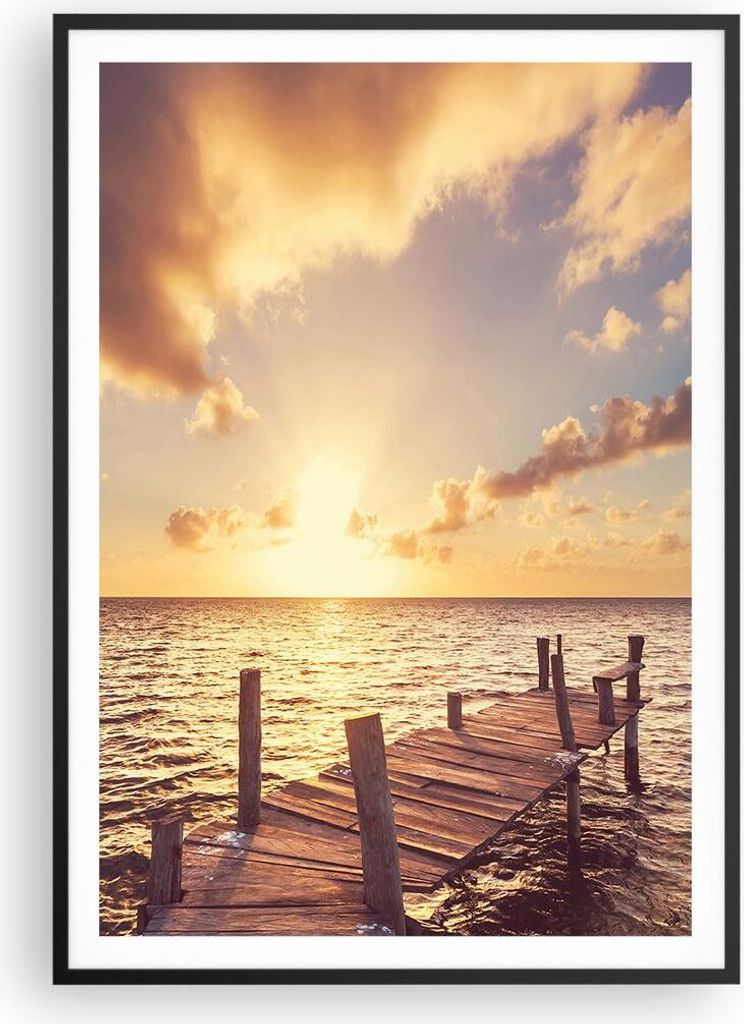 Gerahmtes Poster - Schwarzer Rahmen - Brücke Sonne Ozean - 70x100 cm - Wand Bild - Wanddeko - Wandbilder - Kunstposter - Wandposter - Bilderrahmen...