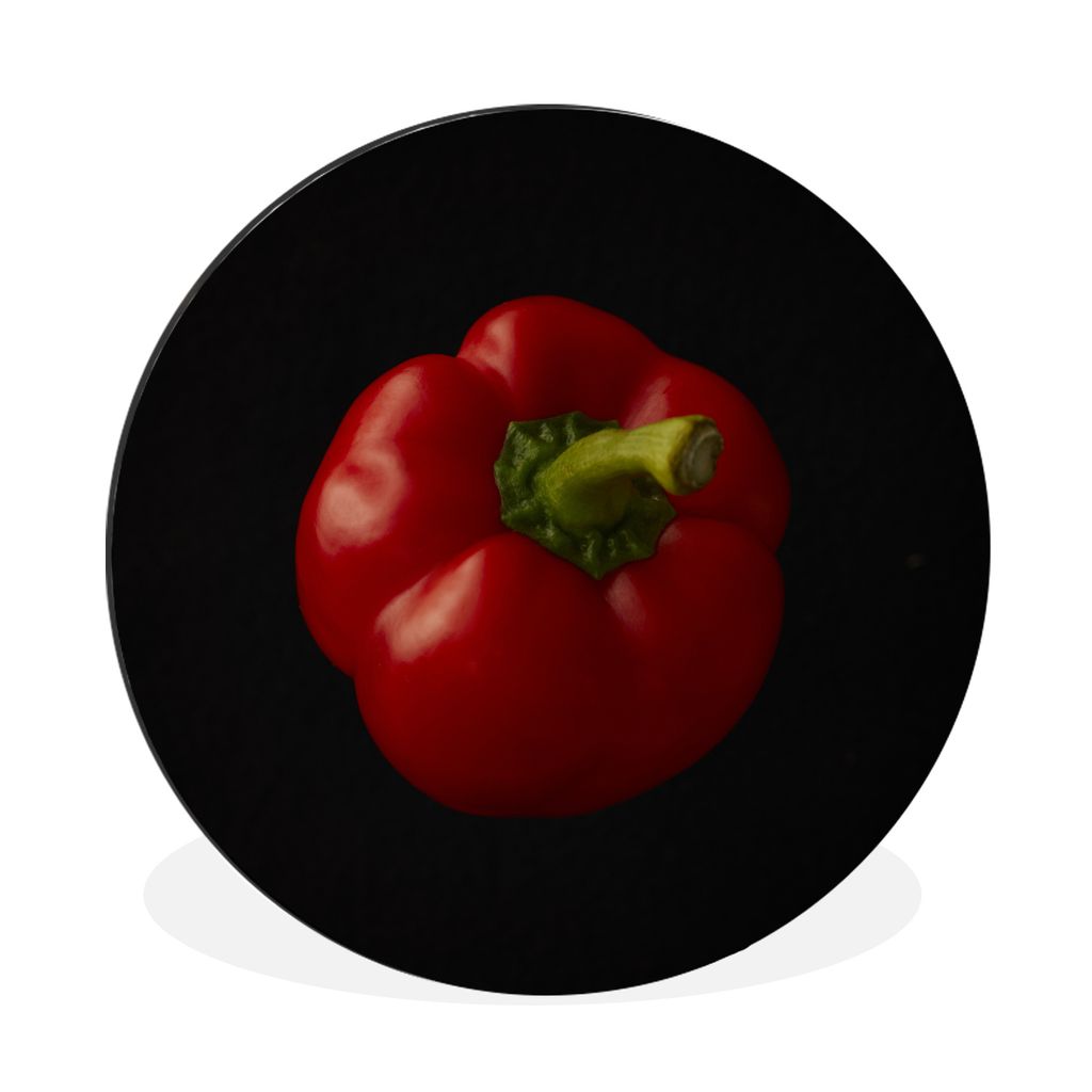 MuchoWow Aluminium Wandkreis Eine rote Paprika auf schwarzem Hintergrund Ø 30 cm Wanddeko Modern Wohnzimmer - Wand Bild - Wohnzimmer - Runde Bil...