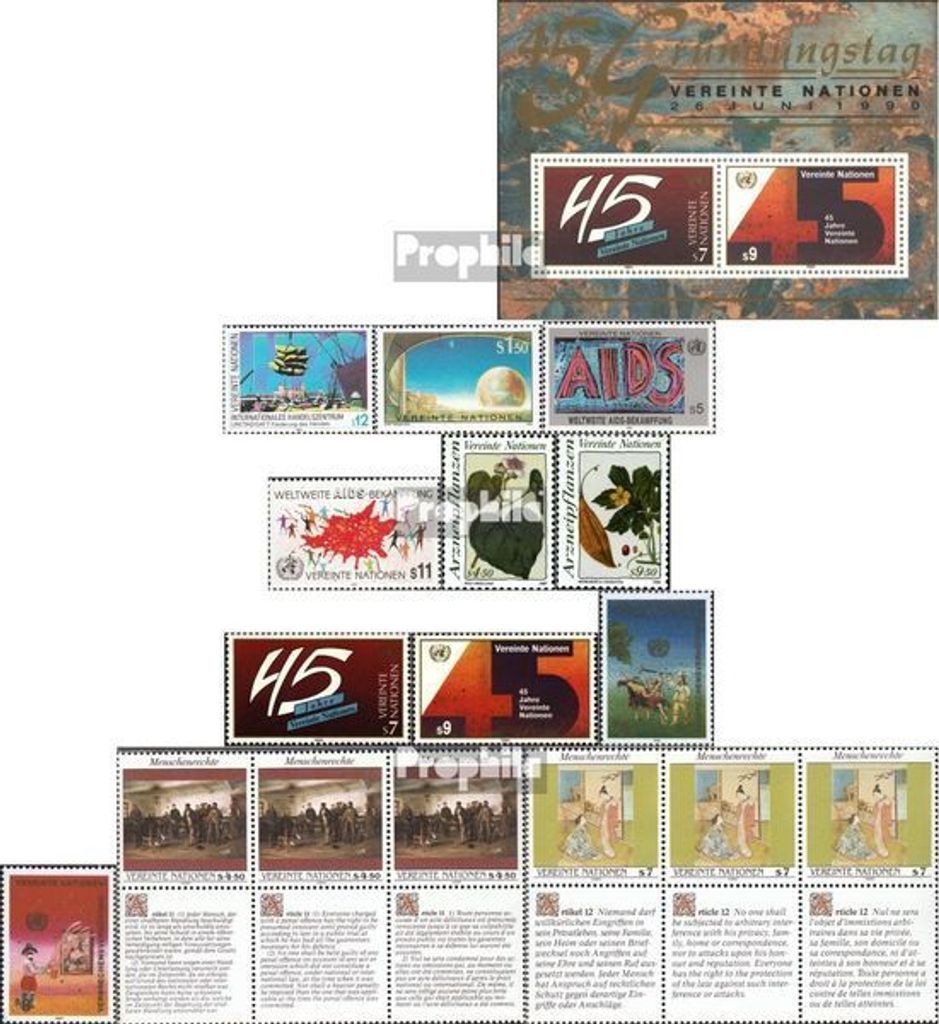 Briefmarken UNO - Wien 1990 Mi 98-109 (kompl.Ausg.) Jahrgang 1990 komplett (108-9 als 6erblock) postfrisch Handelszentrum