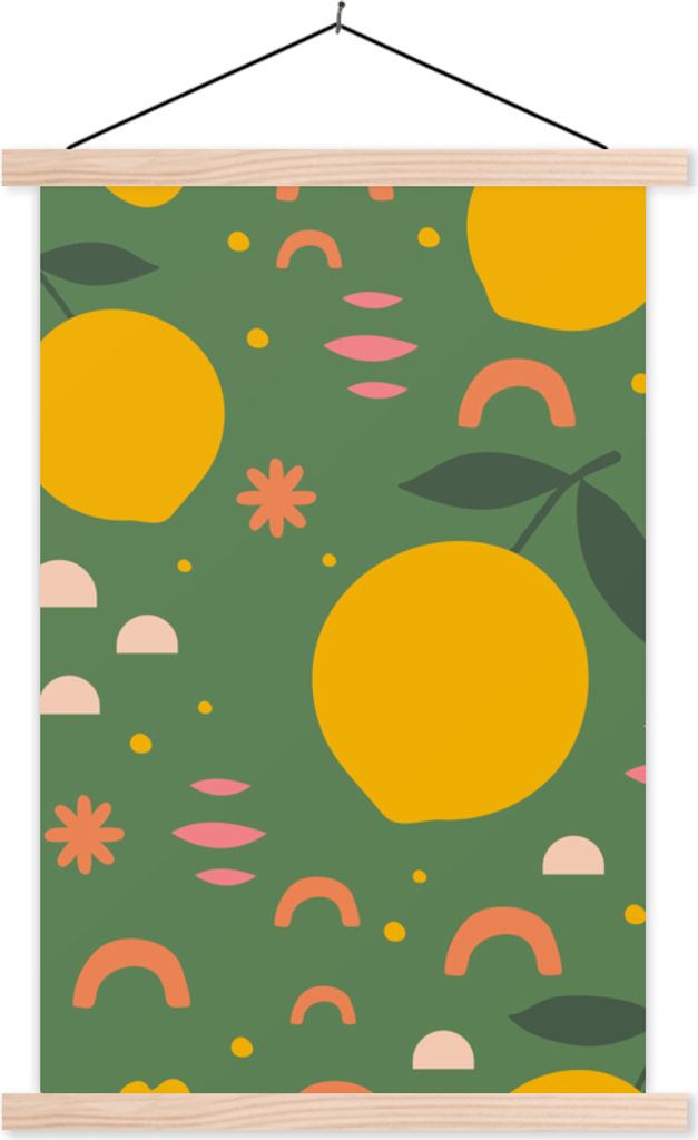 MuchoWow Textilposter Zitrone - Zitrusfrüchte - Muster 60x90 cm mit holzfarbenen Rahmen - Textil