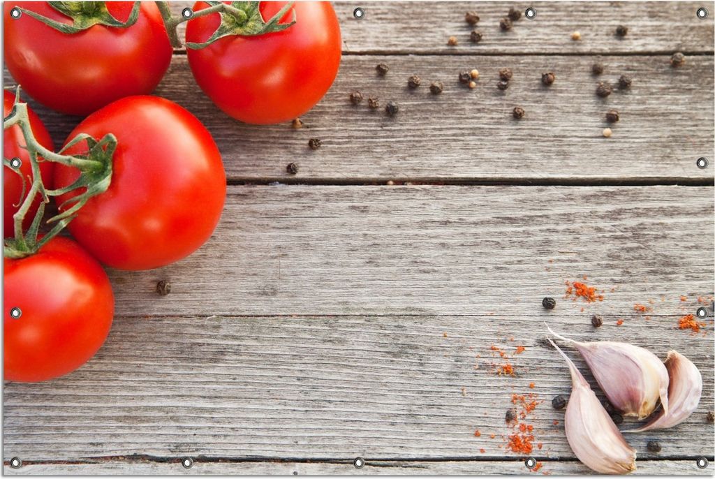 Wallario Outdoor-Poster für Garten oder Balkon, Motiv Tomaten und Gewürze auf altem Holztisch, in ca. 120 x 180 cm