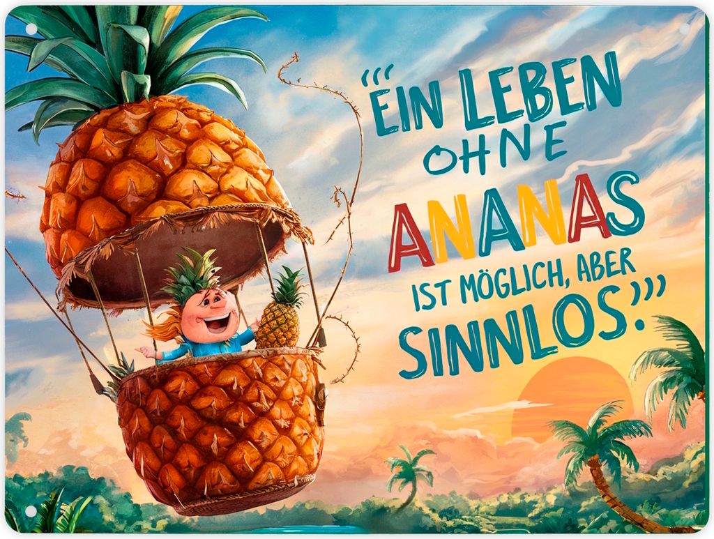 Ananas-Heißluftballon Metallschild XL in 21x28 cm mit Spruch Leben ohne Ananas