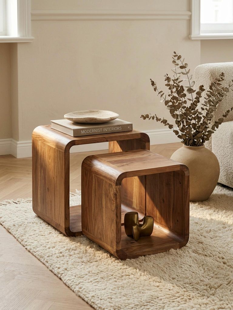 2er Set Satztisch BOHA Massivholz Design Couchtisch Akazie 2 Tische, Würfelregal-Set Braun, Wohnzimmertisch Massiv, Beistelltische Holz Landhaus S...