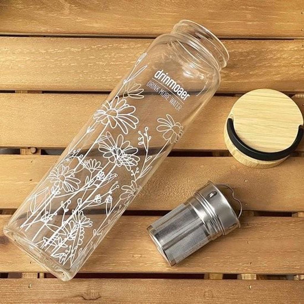 1-Liter-Trinkflasche aus Glas mit Bambusdeckel und -hülle für losen Tee, Teeflasche mit Teesieb zum Mitnehmen, 1-Liter-Wasserflasche aus Glas (Bl...
