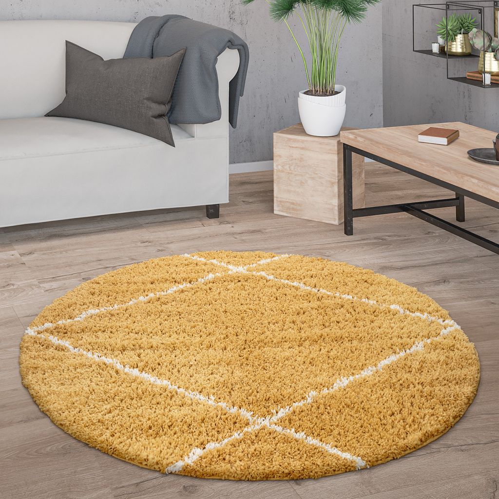 Hochflor Teppich Rund Wohnzimmer Moderner Shaggy Langflor Skandi Rauten Grösse 160 cm Rund