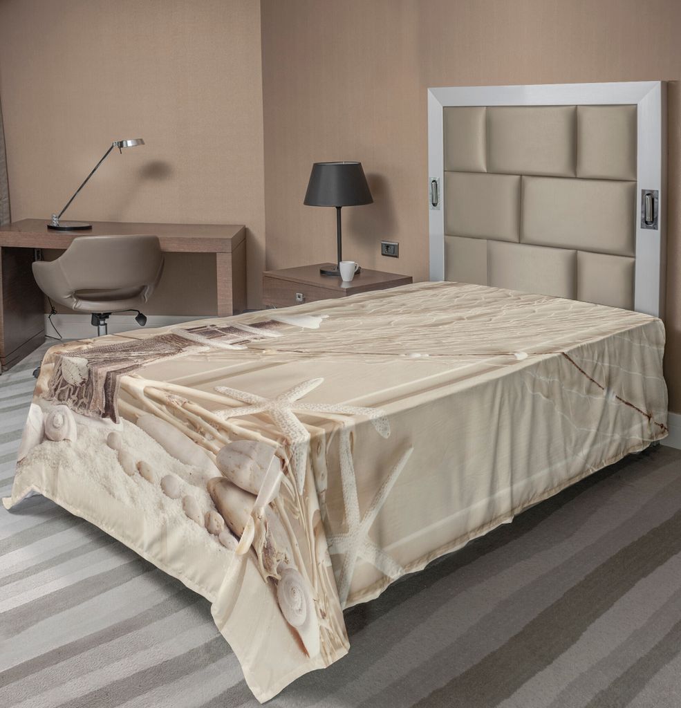 ABAKUHAUS Fischernetz Bettlaken, Marine Thema mit Seesterne und Muscheln Unterwasserleben Holz Leuchtturm Druck, weiches bequemes oberes Bettlaken ...