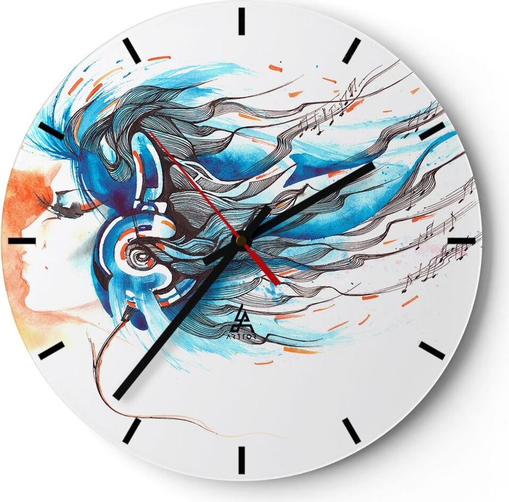 Wanduhr - Rund - Glasuhr - disco dj Mädchen Abbildung - 30x30cm - Schleichendes Uhrwerk - Lautlos - zum Aufhängen bereit - Dekoration Modern - Wa...