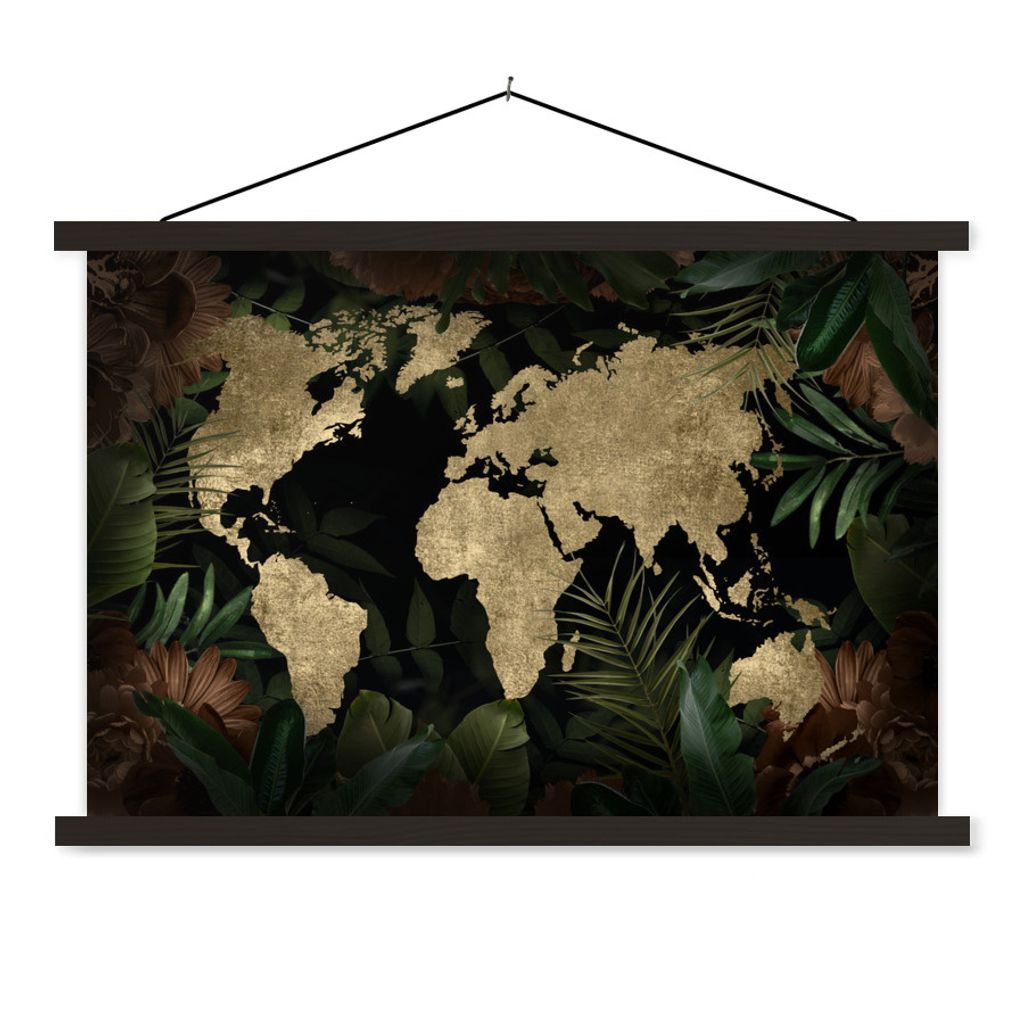 MuchoWow Textilposter Weltkarte - Vintage - Pflanzen 60x40 cm mit schwarzem Rahmen - Hölzernes