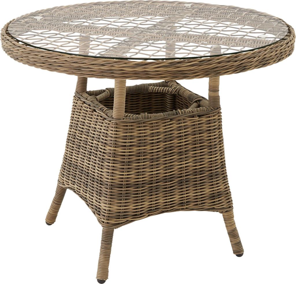 A round wicker table with a glass top, photographed against a white background.