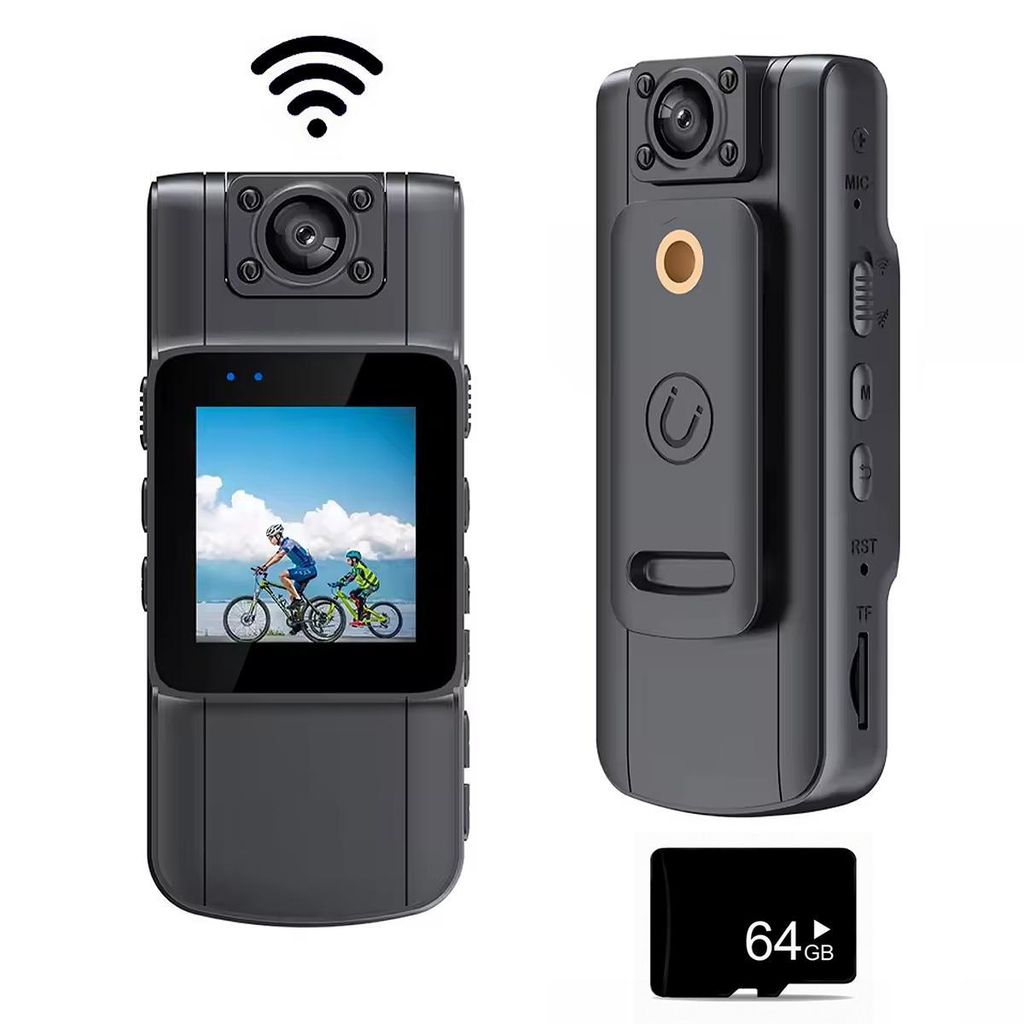 Two views of a small black body camera and a 64GB memory card.