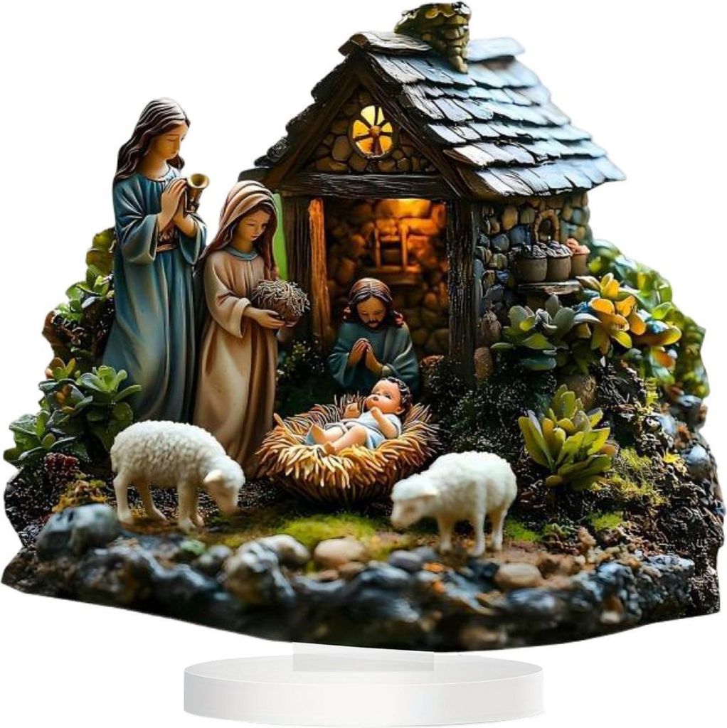 Weihnachtsornament aus Acryl für den Schreibtisch, flach, verschneite Hütte, Ornament mit Sockel, Weihnachtsdorf, Blockhütte, Ornament für die ...