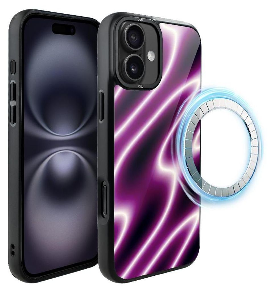 Schutzhülle für das iPhone 16, MagSafe-kompatibel, mattschwarze Seiten, violette Neonröhren