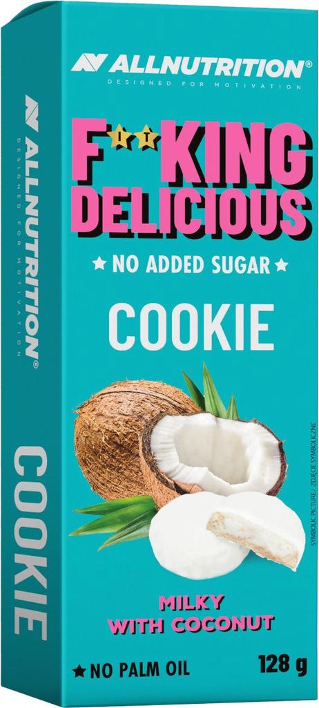 ALLNUTRITION F**king Delicious Cookie 128 g - 150 g * milchig mit Kokosnuss / Energieriegel / Unwiderstehlich leckere Kekse ohne Zuckerzusatz und P...
