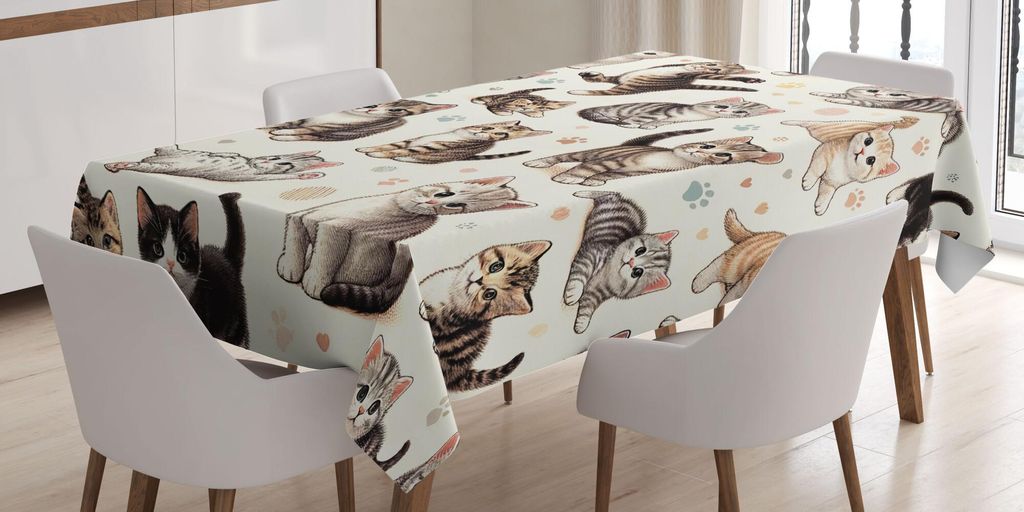 ABAKUHAUS Katze Tischdecke, Kleine Kätzchen Spielen Fröhliche Posen, 140 x 240 cm, Taupe Grau