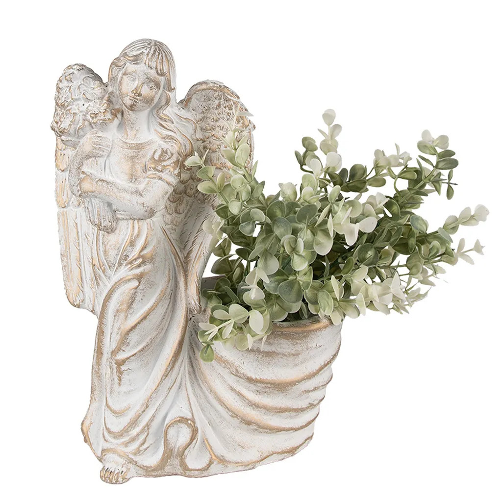 Pot de fleurs ange blanc pierre 22x13x30 cm : statuette décorative jardin