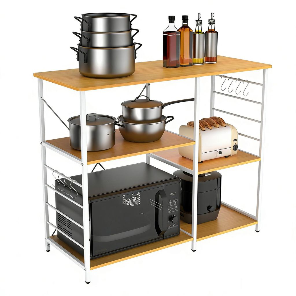 Küchenregal Standregal Mikrowellenhalter Bäcker Regal Haushaltsregal mit 8 Haken 90x82x39 cm