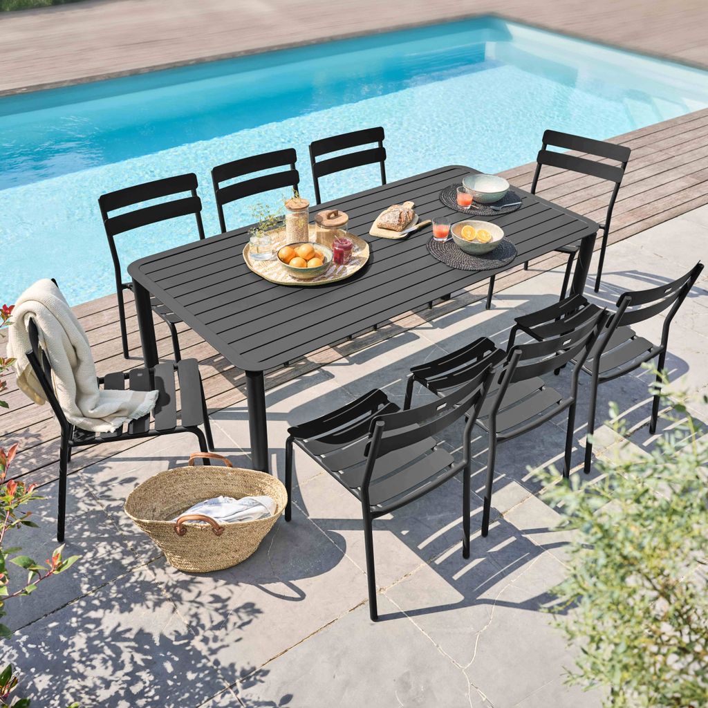 Quadratischer Terrassentisch (185 x 92 cm) und 8 schwarze Produktbild 