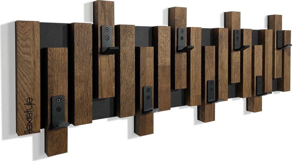 Kleiderhaken Wand Wandgarderobe Flurgarderobe Garderobe Flur Holz Eiche design Lamellen paneele Schwarz modern natur holz Gaderobenpanelle 80cm Braun