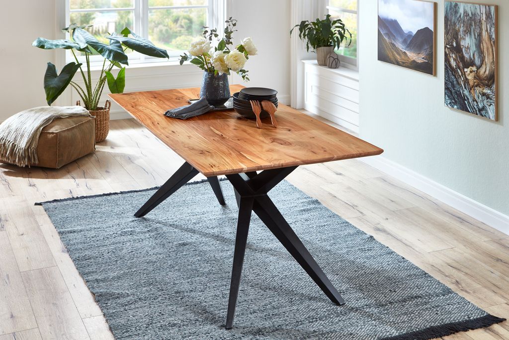 Esstisch Akazie Natur massiv schwarz 220 x 100 cm schweizer Kante HEIDI