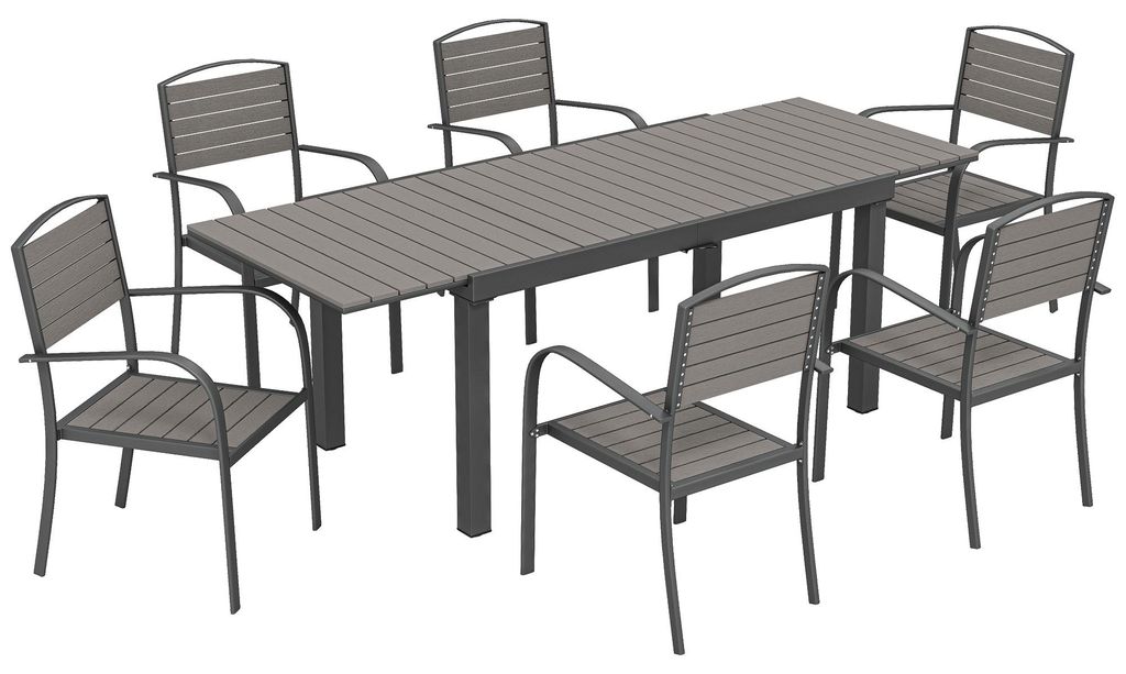 Gartenmöbel Set Sitzgruppe 7-teilig Ausziehbar Tisch mit 6 Stühlen Holzoptik Lamelldesign Aluminiumrahmen