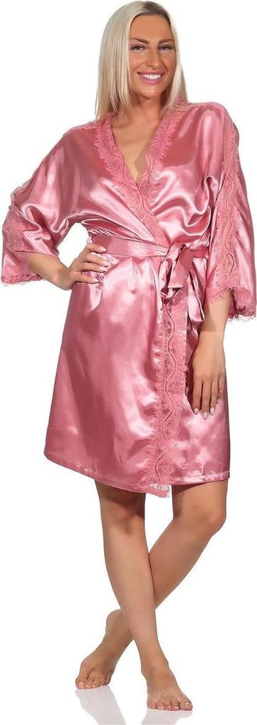 Damen Morgenmantel kurzer Kimono Satin mit Spitze; Altrosa/M