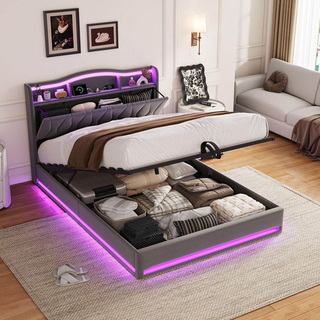 Letto imbottito INONEFT, 140x200 cm, con LED e USB, Immagine del prodotto 
