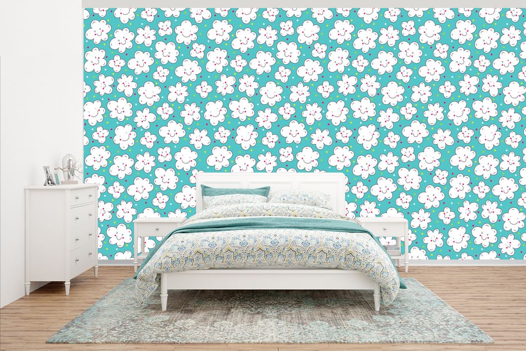 MuchoWow Fototapete für Wohnzimmer oder Schlafzimmer Wandtapete Vinyl Motivtapete Muster - Wolke - Himmel - Jungen - Kinder - 395x220 cm - Tapez...