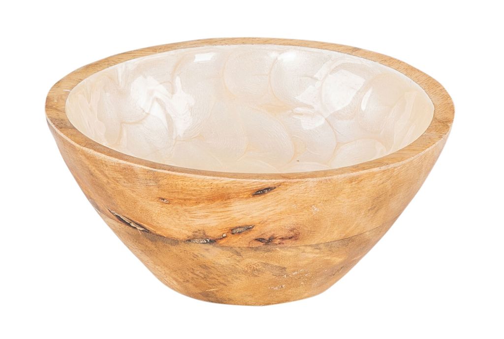 Schüssel 15cm Mango Holz Creme Perlmutt Emaille Schale Bowl Salatschüssel Deko