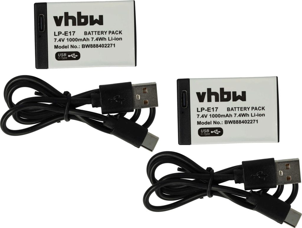 vhbw 2x Akku kompatibel mit Canon EOS Rebel SL2, R8, R50, Rebel T6s, Rebel SL3, Rebel T6i, Rebel T7i Kamera (1000 mAh, 7,4 V, Li-Ion), USB-C Buchse