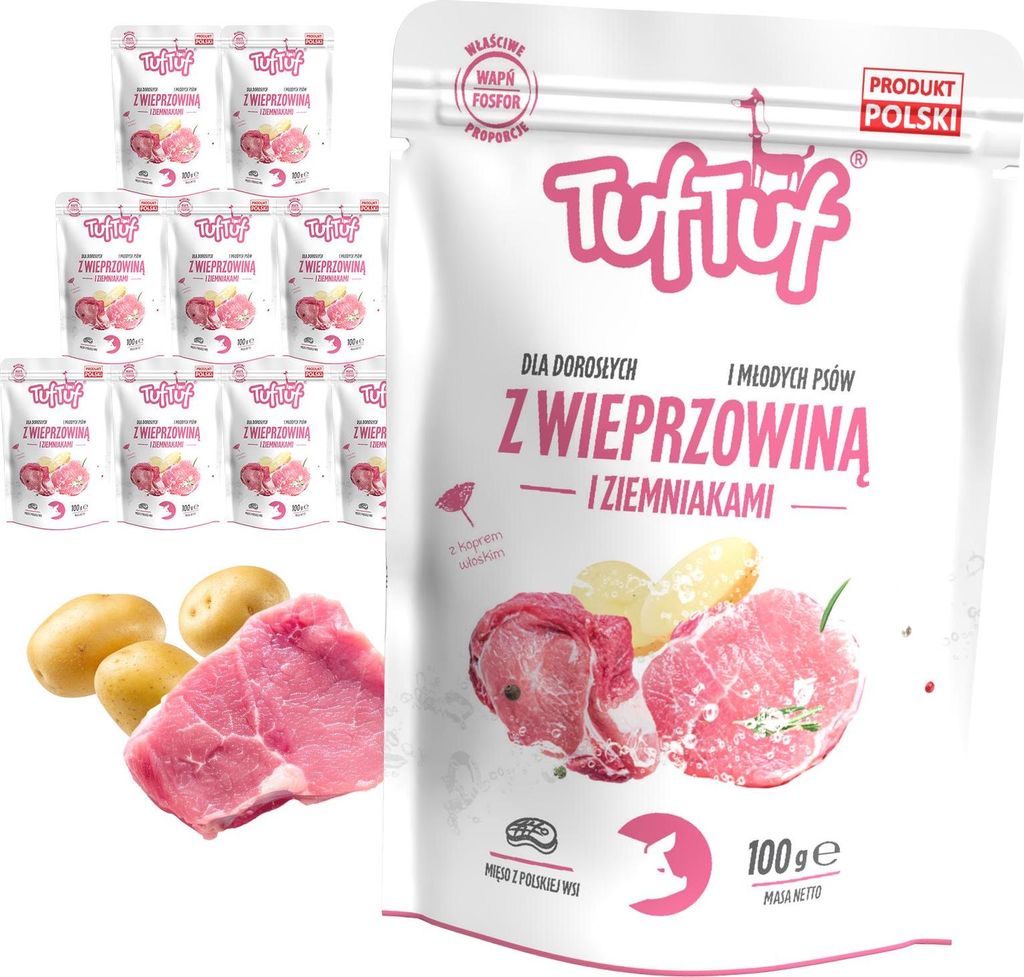 TufTuf Nassfutter für Hunde, Schweinefleisch und Kartoffeln, 10 x 100 g Beutel