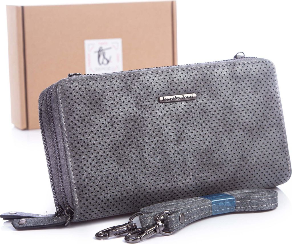 Jennifer Jones Damen-Geldbörse mit Schulterriemen Clutch-Tasche WildKunstleder mit Reißverschluss Kunstleder Grau