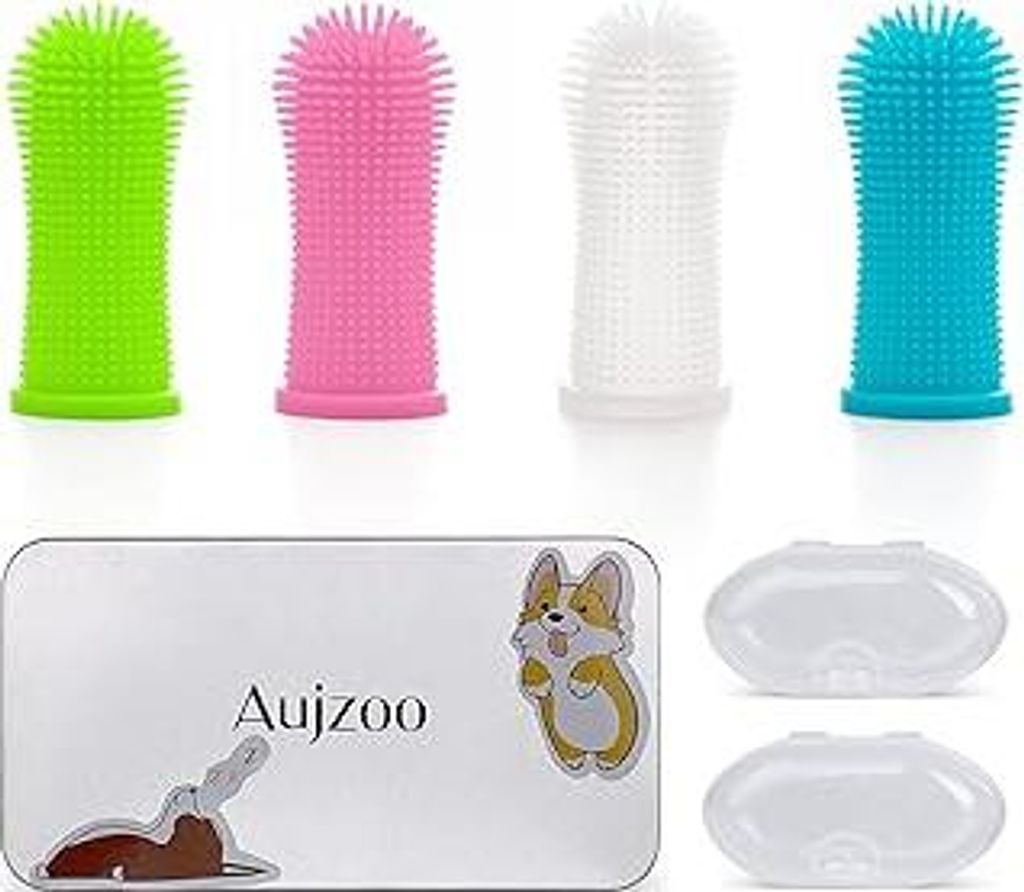 Aujzoo Hundezahnbürste, 360o Pets Zähne Reinigung Zahnbürste für Hunde Katzen Zahnpflege, Silikon Finger Zahnbürsten Set von 4