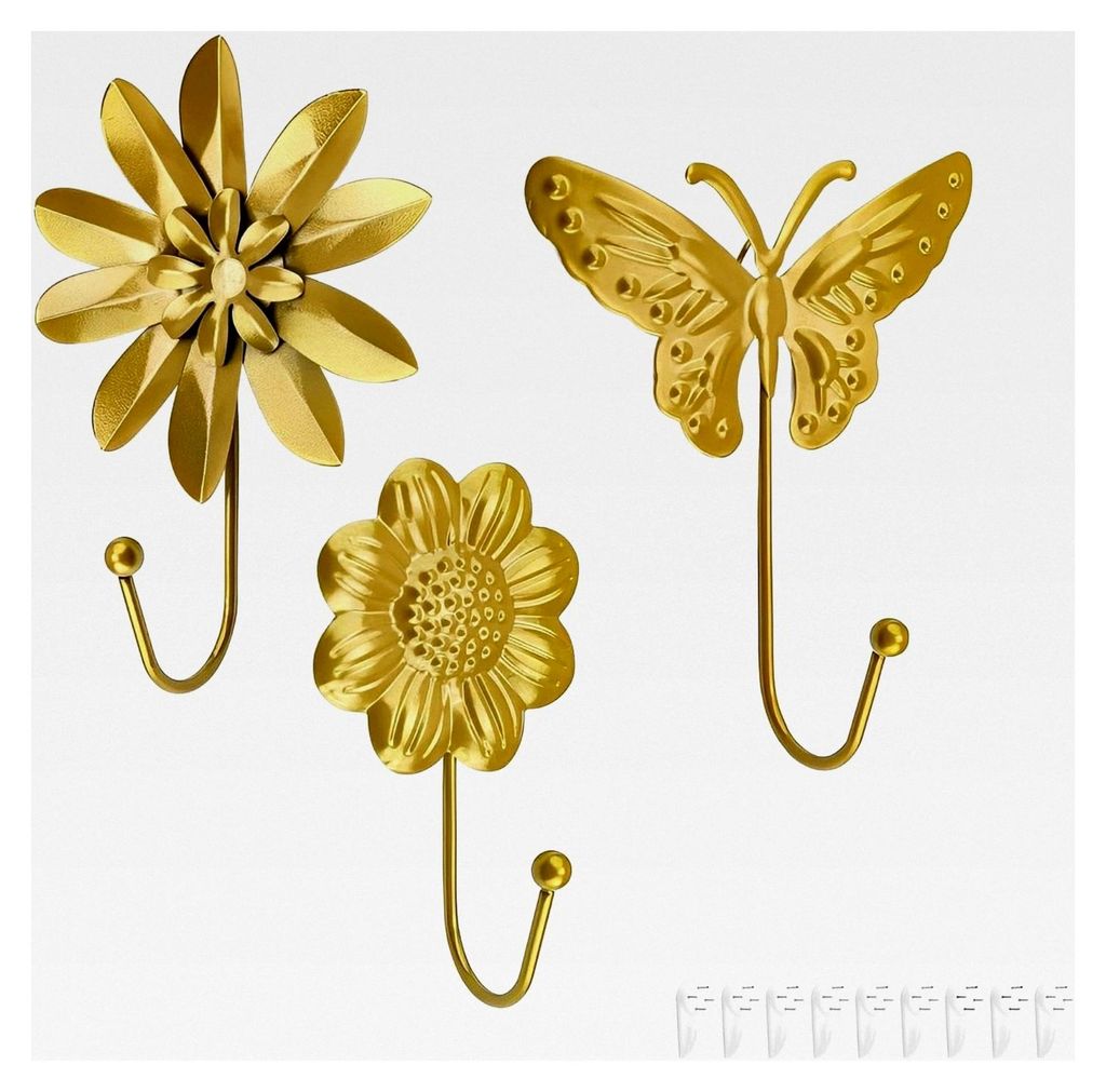 Garderobenhaken Gold 3er Set | Wandhaken mit Blumen- und Schmetterlingsdesign | Metallkleiderhaken für Wohnzimmer und Schlafzimmer (inkl. 9 Nägel...