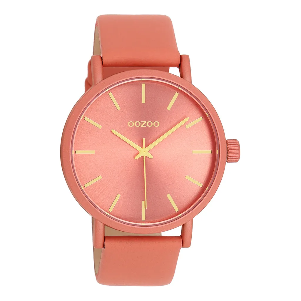 Montre Oozoo Femme Confortable en Cuir Rose Pêche Anti-Rayures Analogique
