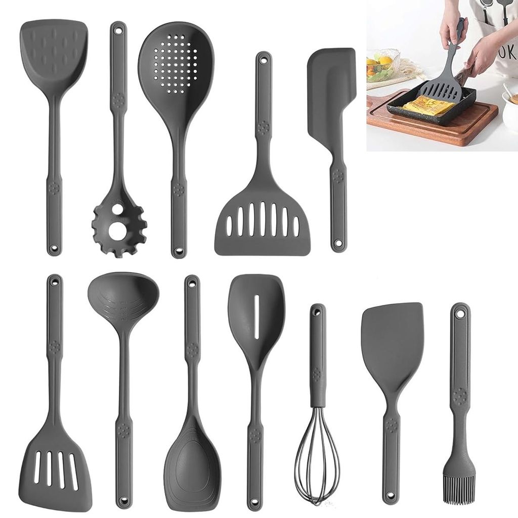 Silikon Küchenhelfer 12-tlg Küchenutensilien Set,Hitzebeständige Antihaft Küchenhelfer-Set, Kochgeschirr Kochbesteck Pfannenwender Löffel Spatel