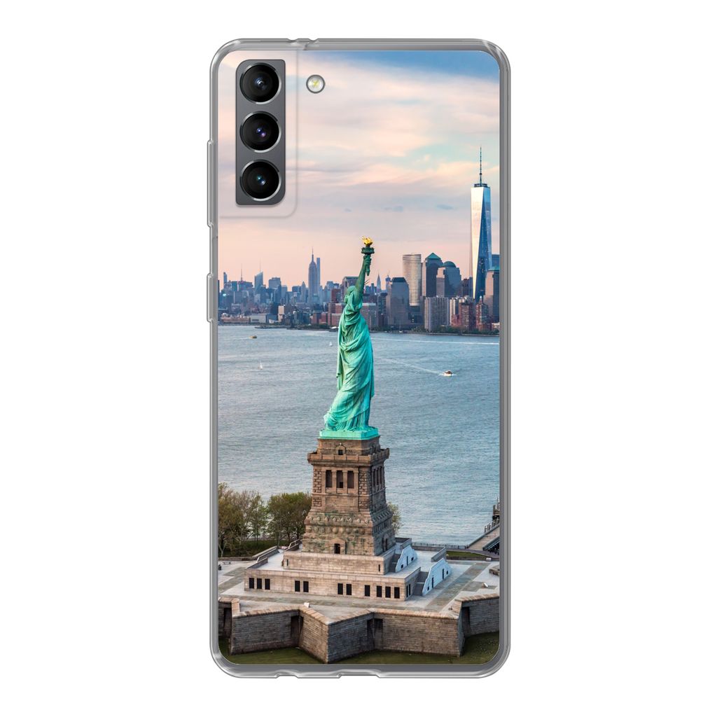 MuchoWow Handyhülle Schutzhülle Hülle für Samsung Galaxy S21 Plus Freiheitsstatue mit der Skyline von New York Silikon Softcase Handy Hülle ...