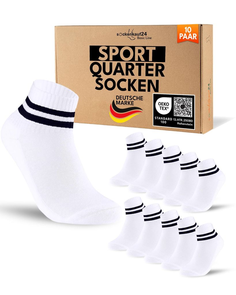 Sport- und Tennissocken Herren Damen kurz mit verstärkter Frotteesohle - 70217T Weiß mit schwarzen Streifen 35-38 10 Paar