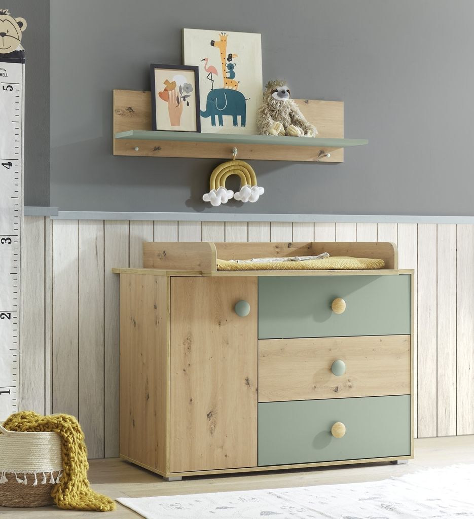 Wickelkommode >Birta< (2-teilig) in Artisan Eiche Nachbildung / Salbei - 120x99,3x77,6cm (B/H/T)