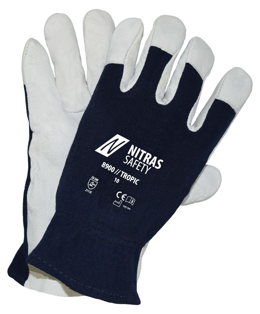 NITRAS TROPIC, Mechanikerhandschuhe, grau / dunkelblau, EN 388 Nappaleder | Packung (10 Paare)