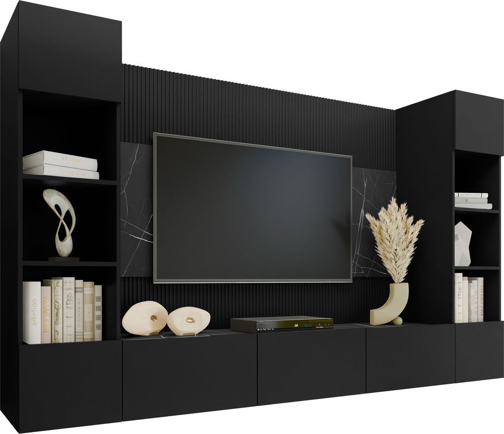 MIRJAN24 Wohnwand Deromi I, Wohnzimmer Möbel Set, Griffloses Öffnungssystem push to open, 4er-Set (Farbe: Schwarz / Schwarz + Schwarz Marmor)