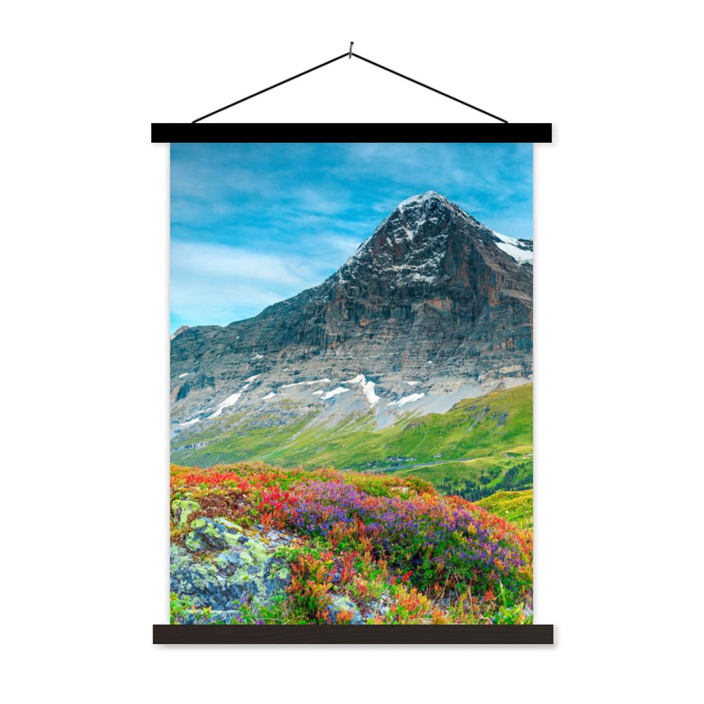 MuchoWow Textilposter Blumen - Berge - Schnee - Landschaft 60x80 cm mit schwarzem Rahmen - Plakathalter